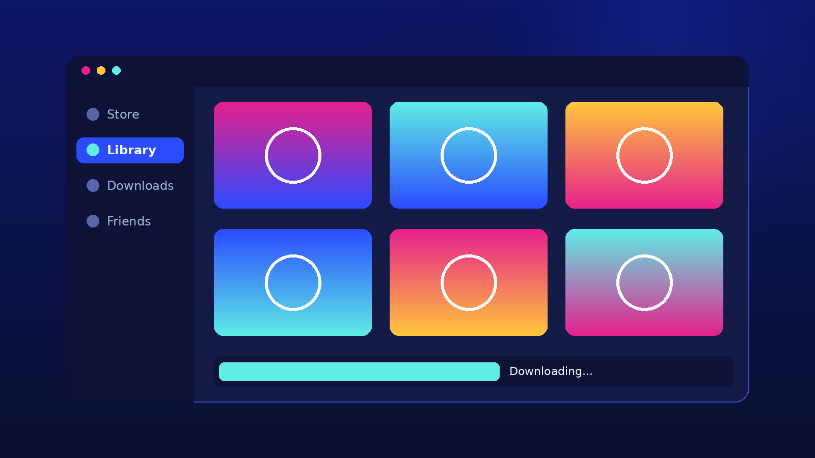 Illustration of a generic game launcher window with a library of game tiles and a download bar